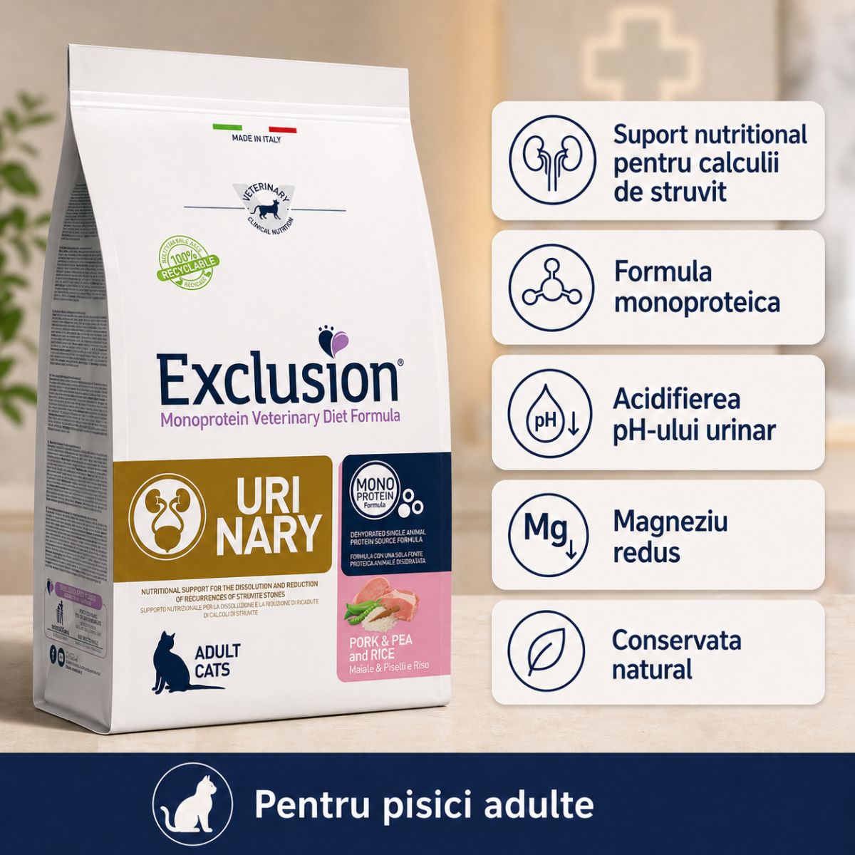 EXCLUSION Monoprotein VD Urinary, Porc și Mazăre, dietă veterinară, hrană uscată pisici, sistem urinar, 1.5kg